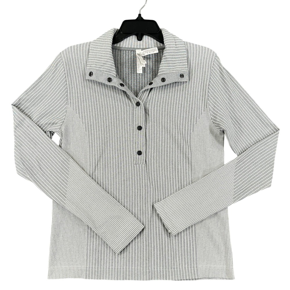 Athleta Seamless Pinstripe Pullover Womens L Grey White Snap Neck Active Top